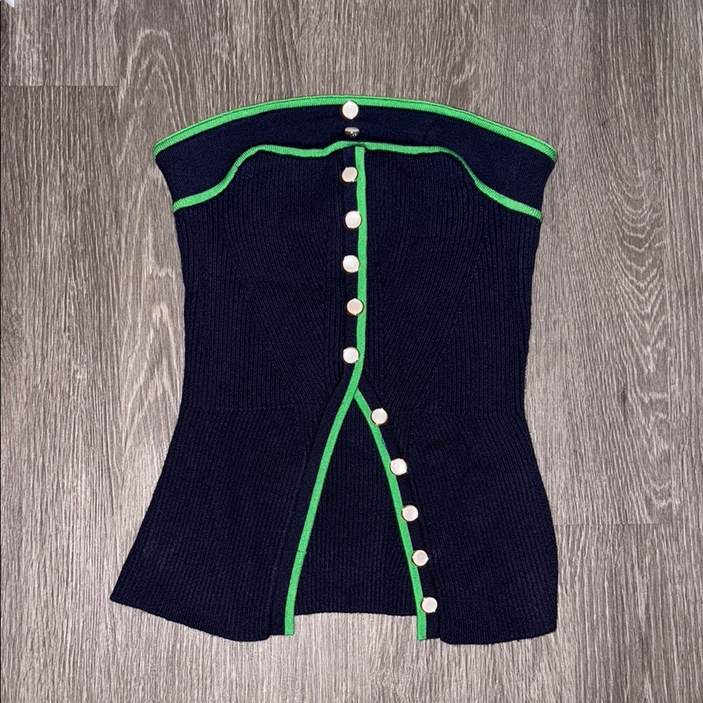 Navy Front Button Bustier Top with Green Trim and Buttons